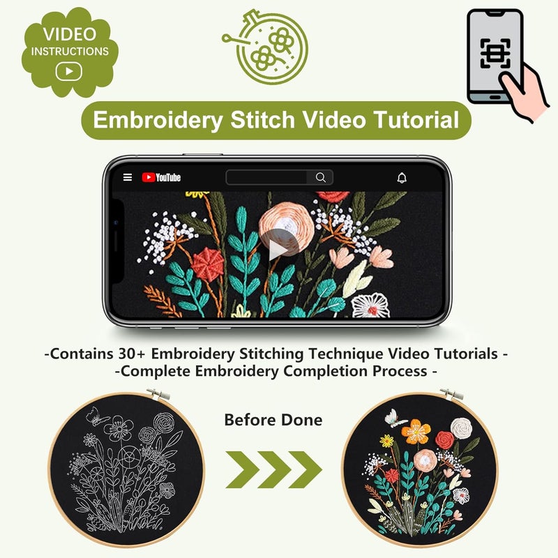Santune 3 Pack Beginner Embroidery Kits for Adults DIY Starter Kit with 33 Stitch Techniques, Stamped Patterns, Embroidery Hoop, Colorful Threads,Stitch Video Tutorial - Image 5